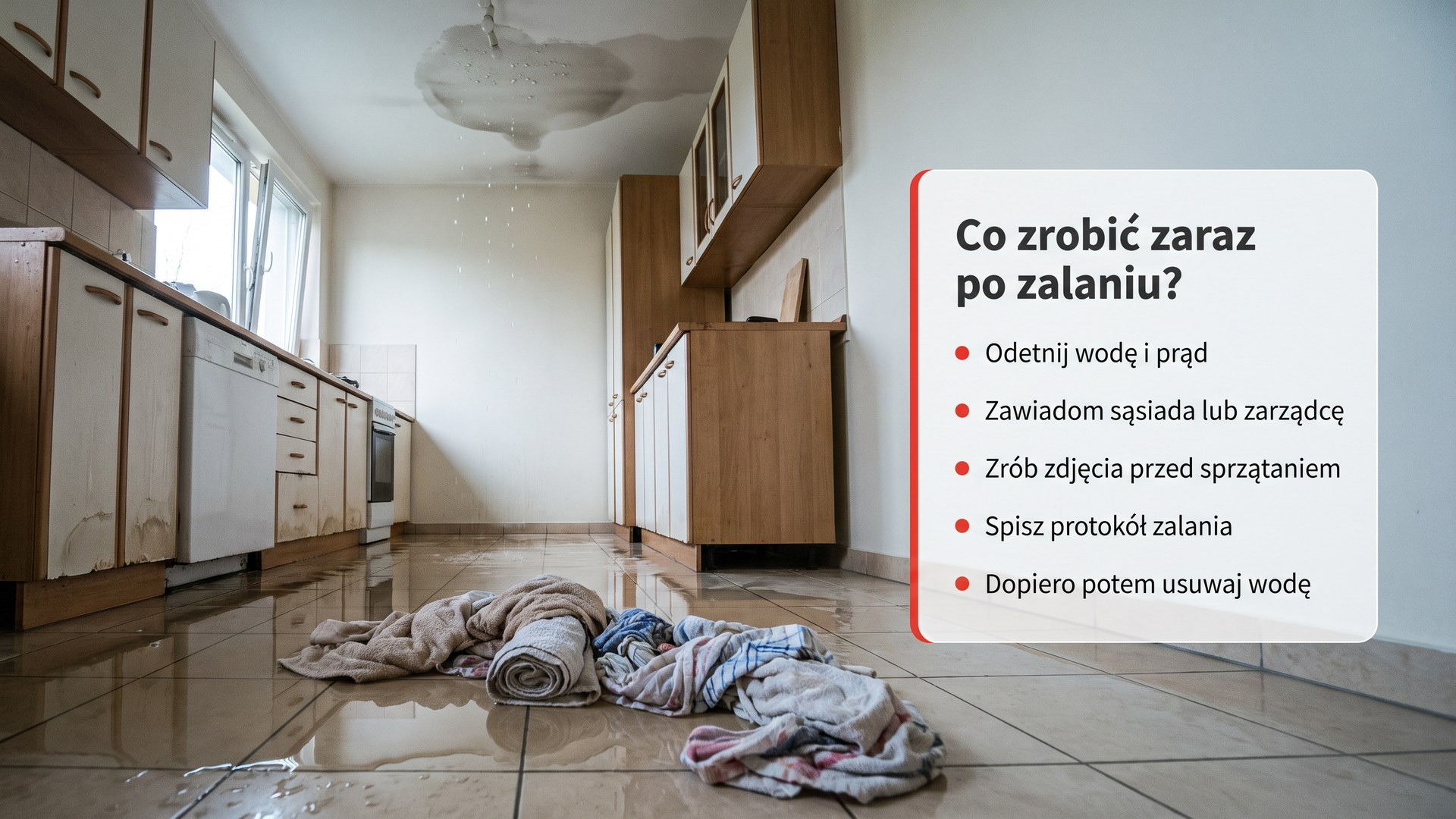 Infografika: pięć kroków do zrobienia zaraz po zalaniu mieszkania na tle zalanej kuchni